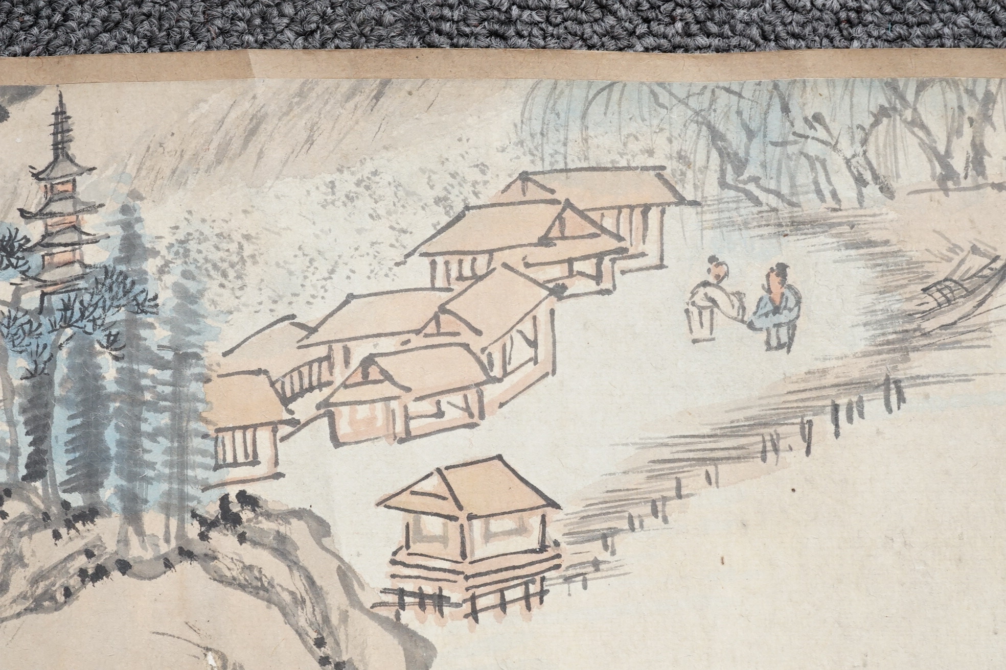 Chinese School , (Qing dynasty), Figures in a mountainous river landscape, Ink and colour on paper handscroll, 268.5cm x 29cm excluding borders
